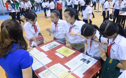  Học sinh xem tư liệu trưng bày tại Trung tâm thi đấu thể thao huyện Hàm Tân.