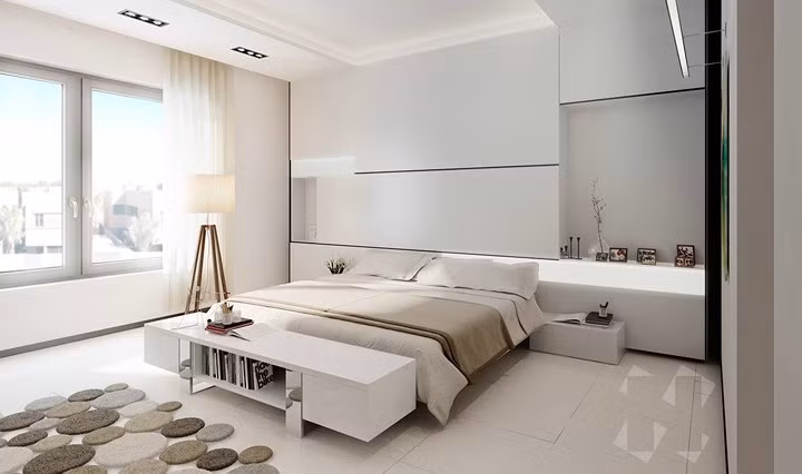 Phòng ngủ sở hữu phong cách Zen khi kết hợp giữa nội thất màu trắng và xám.
