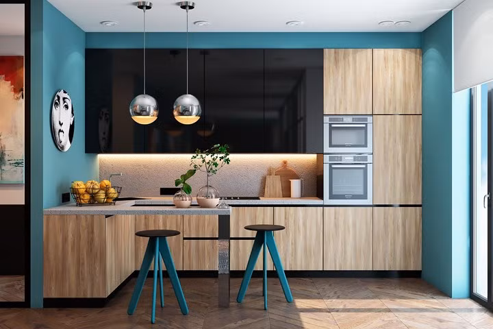 Không gian phòng bếp của gia đình bạn sẽ trở nên sáng đẹp hơn khi tường bếp, vật dụng được phủ màu xanh dương.
