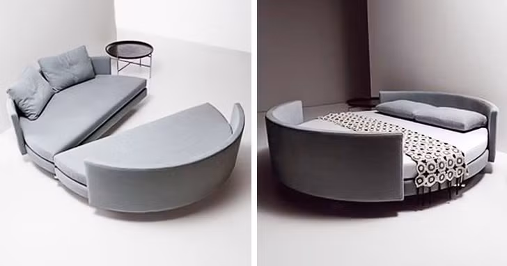 Chiếc giường của công ty Saba Italia gồm 2 nửa bán nguyệt, có thể được mở ra và chuyển đổi thành 2 ghế sofa. Dù gấp hoặc mở, chiếc giường đều có thể sử dụng. Chiếc giường của công ty Saba Italia gồm 2 nửa bán nguyệt, có thể được mở ra và chuyển đổi thành 2 ghế sofa. Dù gấp hoặc mở, chiếc giường đều có thể sử dụng.