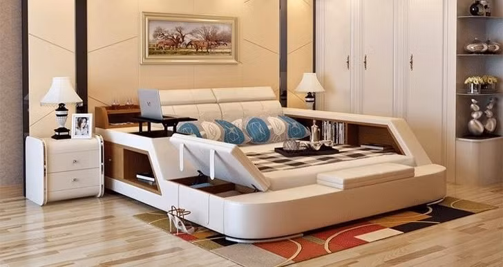 Chiếc giường đa chức năng do Trung Quốc sản xuất có thể chứa rất nhiều món đồ trong tầm tay. Nó rộng rãi và nhiều kệ để đồ. Trên giường cũng có một cái bàn nhỏ và một không gian để cất gối, chăn. Chiếc giường đa chức năng do Trung Quốc sản xuất có thể chứa rất nhiều món đồ trong tầm tay. Nó rộng rãi và nhiều kệ để đồ. Trên giường cũng có một cái bàn nhỏ và một không gian để cất gối, chăn.