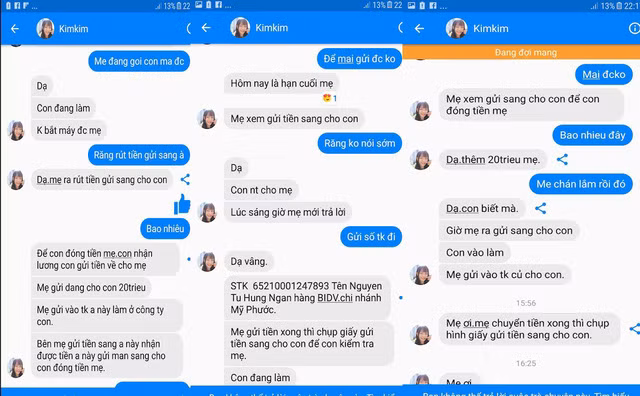 Những đoạn tin nhắn của "con gái giả" nhắn tin lừa chị Bình. Những đoạn tin nhắn của