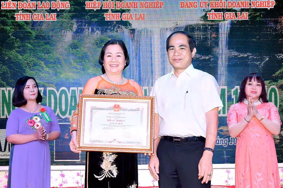 Chủ tịch UBND tỉnh Võ Ngọc Thành trao bằng khen cho doanh nhân Nguyễn Thị Sen-Chủ tịch Hiệp hội Doanh nghiệp tỉnh trong Ngày Doanh nhân năm 2017. Ảnh: ĐỨC THỤY