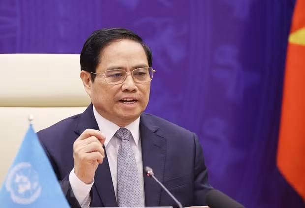 Thủ tướng Phạm Minh Chính phát biểu tại Phiên thảo luận mở Cấp cao của Hội đồng Bảo an Liên hợp quốc. (Ảnh: Dương Giang/TTXVN)