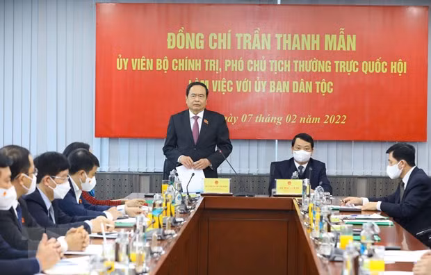 Phó Chủ tịch Thường trực Quốc hội Trần Thanh Mẫn phát biểu, chúc Tết Ủy ban Dân tộc. (Ảnh: Văn Điệp/TTXVN)