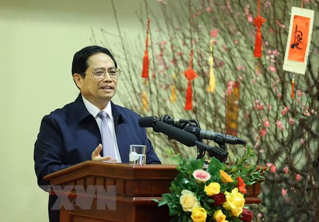 Thủ tướng Phạm Minh Chính chúc Tết và giao nhiệm vụ cho ngành ngân hàng. (Ảnh: Dương Giang/TTXVN) Thủ tướng Phạm Minh Chính chúc Tết và giao nhiệm vụ cho ngành ngân hàng. (Ảnh: Dương Giang/TTXVN)