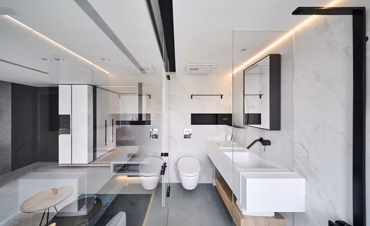  Để kéo dài sự thu hút đèn âm tường cũng sử dụng trong nhà vệ sinh bên cạnh đồ nội thất màu trắng đơn giản.
