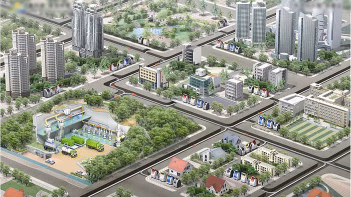 Bản vẽ mô tả hệ thống vận chuyển rác ngầm ở Songdo - Ảnh: edb.gov.sg Bản vẽ mô tả hệ thống vận chuyển rác ngầm ở Songdo - Ảnh: edb.gov.sg