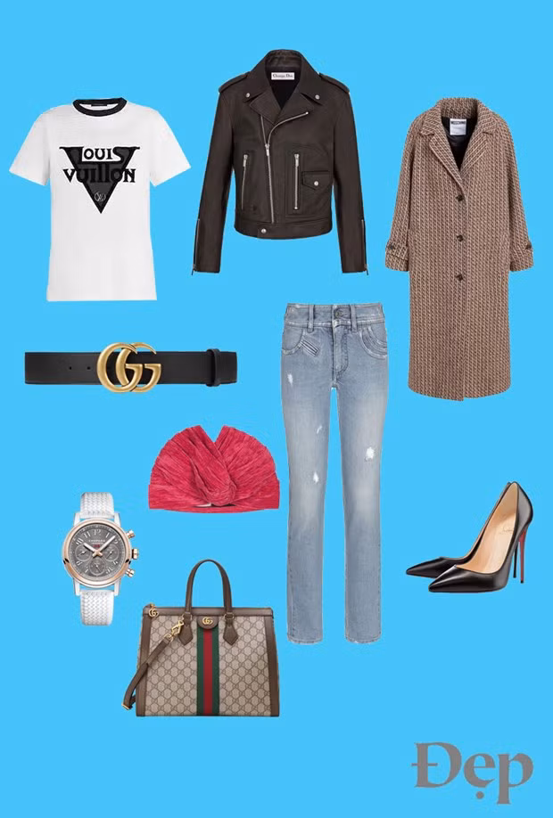 Áo phông: Louis Vuitton | Áo khoác: Dior | Áo trenchcoat: Moschino | Quần: Givenchy | Thắt lưng, túi và head-band: Gucci | Đồng hồ: Chopard | Giày: Christian Louboutin