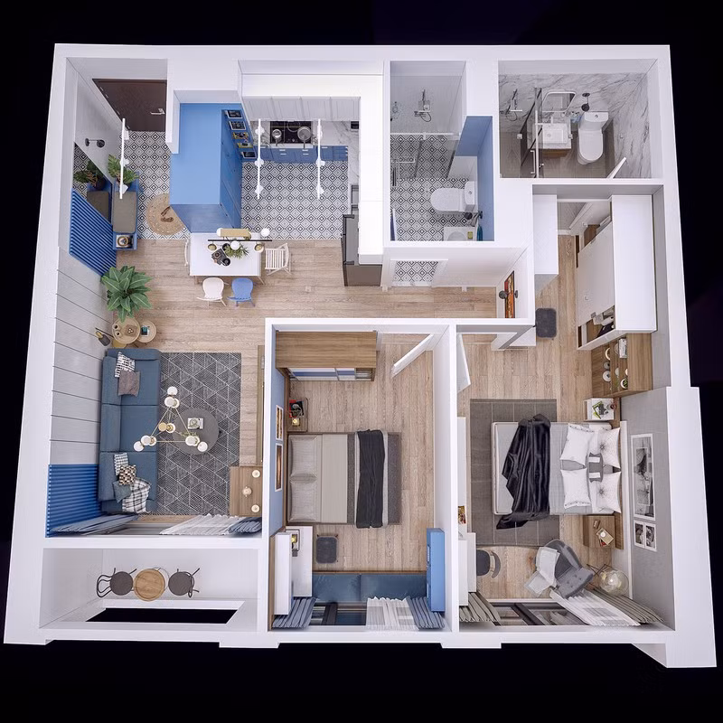  Toàn cảnh căn hộ 82m2 có 2 phòng ngủ.