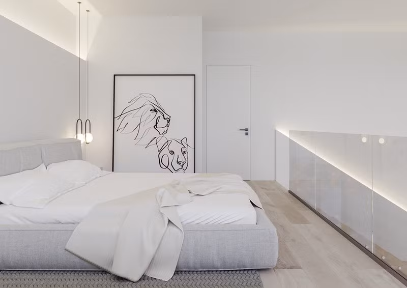 Bức tranh hình đầu sư tử tạo điểm nhấn cho khu vực phòng ngủ.