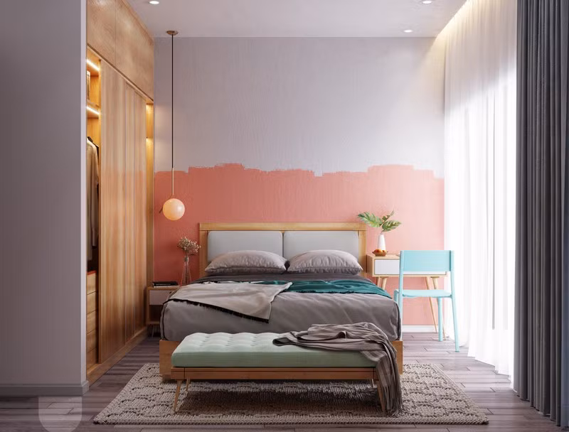 Kỹ thuật kết hợp hai màu sơn dường như không có sự mới lạ, nhưng cách sơn ngẫu hứng và tự nhiên chính là yếu tố tạo nên đặc trưng riêng biệt cho căn phòng.