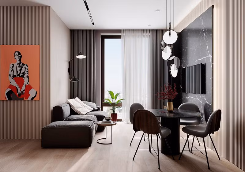 Phòng khách nằm liền kề với phòng ăn. Một cửa sổ lớn với tầm nhìn ra toàn thành phố giúp không gian sử dụng có cảm giác mở và thoáng mát.