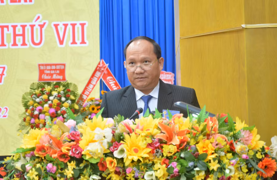 Ông Nay Hứ tái đắc cử Chủ tịch Hội Cựu chiến binh tỉnh Gia Lai nhiệm kỳ 2022-2027 ảnh 1 Phó Bí thư Tỉnh ủy Rah Lan Chung phát biểu tại Đại hội. Ảnh: Anh Huy