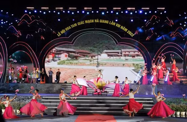 Chương trình nghệ thuật tại Lễ khai mạc Lễ hội hoa Tam Giác Mạch lần thứ 8. (Ảnh: Nam Thái/TTXVN)
