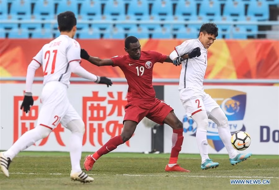 Almoez Ali, tiền đạo từng khoác áo U23 Qatar thi đấu trước U23 Việt Nam năm 2018 là tiền đạo chủ lực của tuyển Qatar tại World Cup 2022. Ảnh: Xinhua