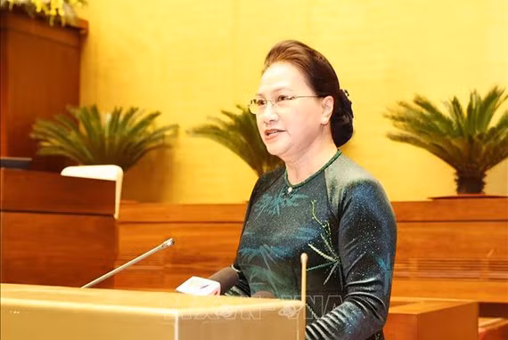 Chủ tịch Quốc hội Nguyễn Thị Kim Ngân phát biểu tại buổi gặp mặt. Ảnh: TTXVN