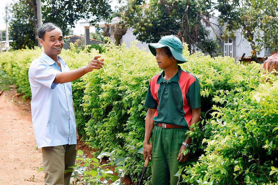 6.Ông Kpă Biêk (bên trái) vận động bà con trong làng dọn dẹp vệ sinh môi trường, làm hàng rào xanh, xây dựng đời sống văn hóa mới.