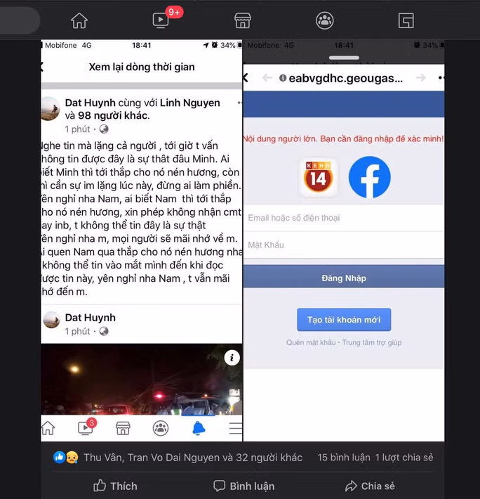  Tội phạm mạng đăng status kèm link nêu những trường hợp nạn nhân, người gặp sự cố nào đó để lừa người dùng. (Ảnh chụp từ màn hình Facebook)