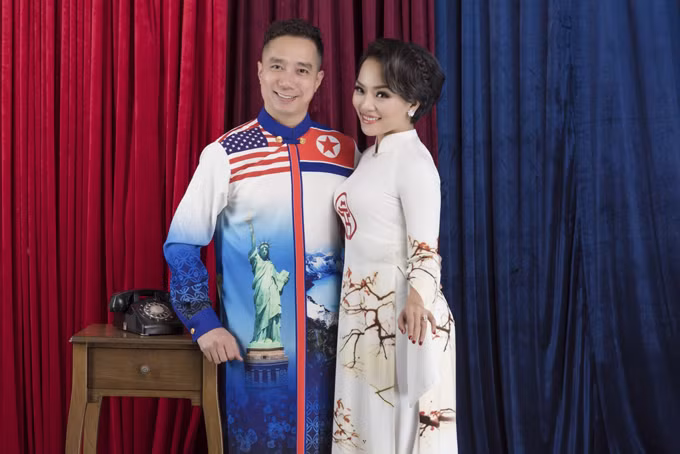  Thái Thùy Linh còn thể hiện một số trang phục mang họa tiết đặc trưng của Việt Nam như phong cảnh Hồ Gươm Hà Nội, hình cờ đỏ sao vàng...