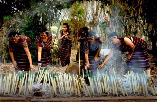 Người M'Nông nấu cơm lam đãi khách rồi vùi trong tro bếp cho nóng. Ảnh: Vũ Hào