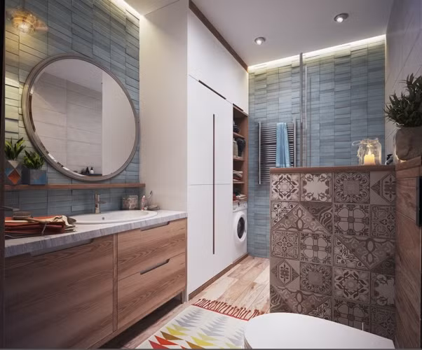  Sự kết hợp hoàn hảo giữa ánh sáng và chất liệu tương phản tạo khung cảnh phòng tắm sang trọng.