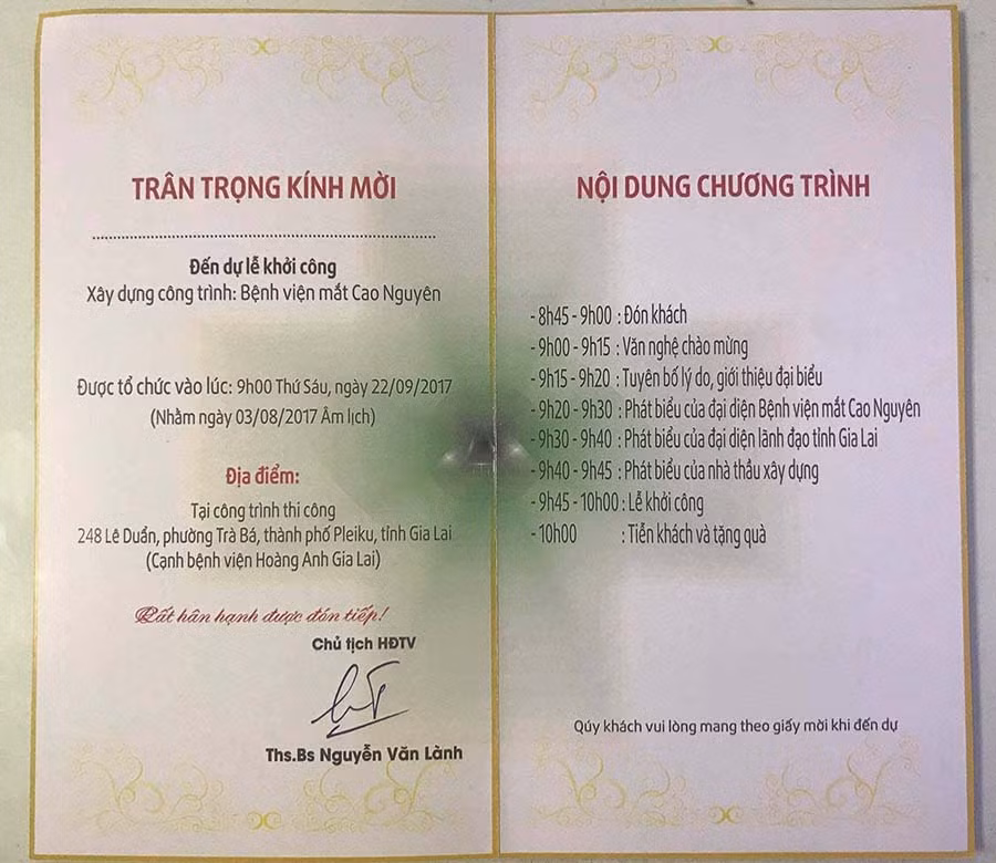 Giấy mời của Công ty do Th.s-BS Nguyễn Văn Lành đứng tên với chức danh là Chủ tịch HĐTV. Th.s-BS Nguyễn Văn Lành hiện đang làm việc tại Bệnh viện Đa khoa tỉnh (là viên chức nhà nước) đã đứng tên ký một số giấy tờ như giấy mời của Công ty với chức danh là Chủ tịch HĐTV của Công ty.