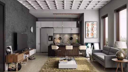 Kết cấu tường, trần nhà, và thậm chí cả tấm thảm sang trọng dưới chân bàn nước mang lại sự thú vị cho khu vực ăn uống trong nhà bếp.