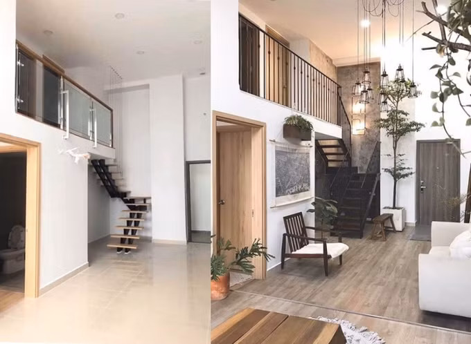 Căn hộ 'lột xác' với 180 triệu đồngKhi bàn giao, căn nhà trống, tường sơn trắng toàn bộ, sàn gạch men, cầu thang trụ sắt kết hợp inox và lan can kính cường lực khá thô. Chị Thái Hòa quyết định ở tạm một thời gian, sau đó tự thiết kế lại căn hộ với mục tiêu không gian sống đơn giản mà gần gũi và thân thiện, tiện ích vừa đủ nhưng thoáng mát, tiết kiệm cả diện tích lẫn chi phí.