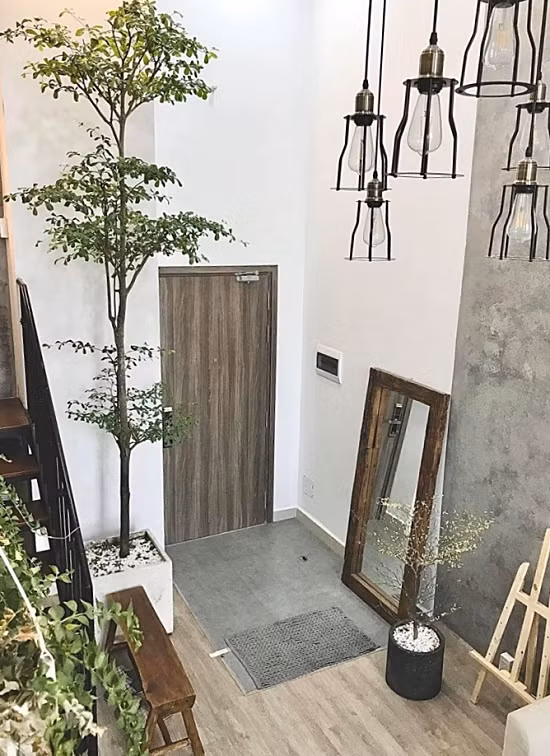 Cây xanh xuất hiện ở mọi ngóc ngách nhà, giúp thư giãn tinh thần và góp phần lọc không khí. Do trần cao mà diện tích căn hộ hẹp, gia chủ đặt chậu cây lớn bên cầu thang và lắp đèn thả trần, quạt trần nhằm cân đối không gian.
