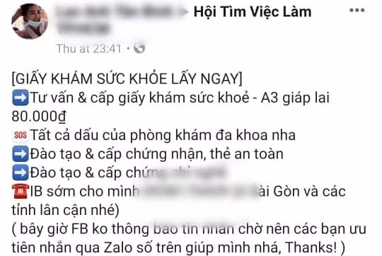 Thông tin rao bán giáy khám sức khỏe được công khai rao bán trên mạng xã hội.