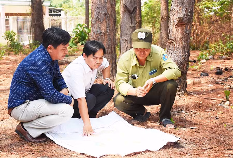  Lãnh đạo Phòng Tài nguyên và Môi trường cùng Ban quản lý rừng phòng hộ Mang Yang kiểm tra tình hình thực tế diện tích sử dụng của các hộ dân sinh sống tại khu vực rừng thông. Ảnh: M.N