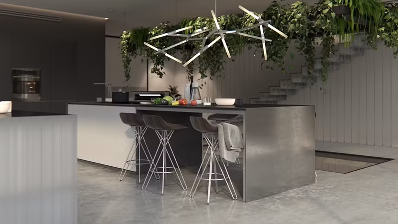Vườn treo xinh xắn trang trí trên trần nhà bếp vừa tạo giá trị thẫm mỹ đồng thời mang đến nguồn không khí trong lành cho khu vực nấu nướng.