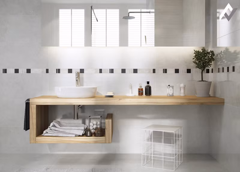  Phần uốn cong tạo thành một kệ thấp hơn, bàn gỗ hiện đại này có một vị trí hoàn hảo để lưu trữ khăn tắm và đồ vệ sinh cá nhân.