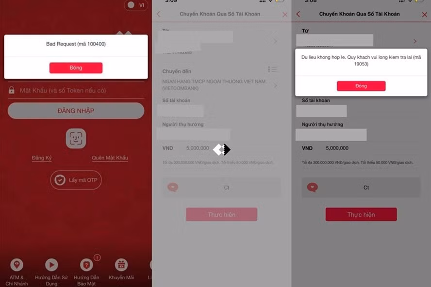Khách hàng của Techcombank bức xúc khi không thể thực hiện giao dịch chuyển tiền qua mobile banking vì hệ thống liên tục báo lỗi. Ảnh Hương Nguyễn