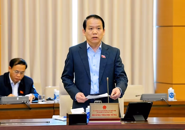  Chủ nhiệm Uỷ ban Pháp luật Hoàng Thanh Tùng trình bày báo cáo thẩm tra. Ảnh QH
