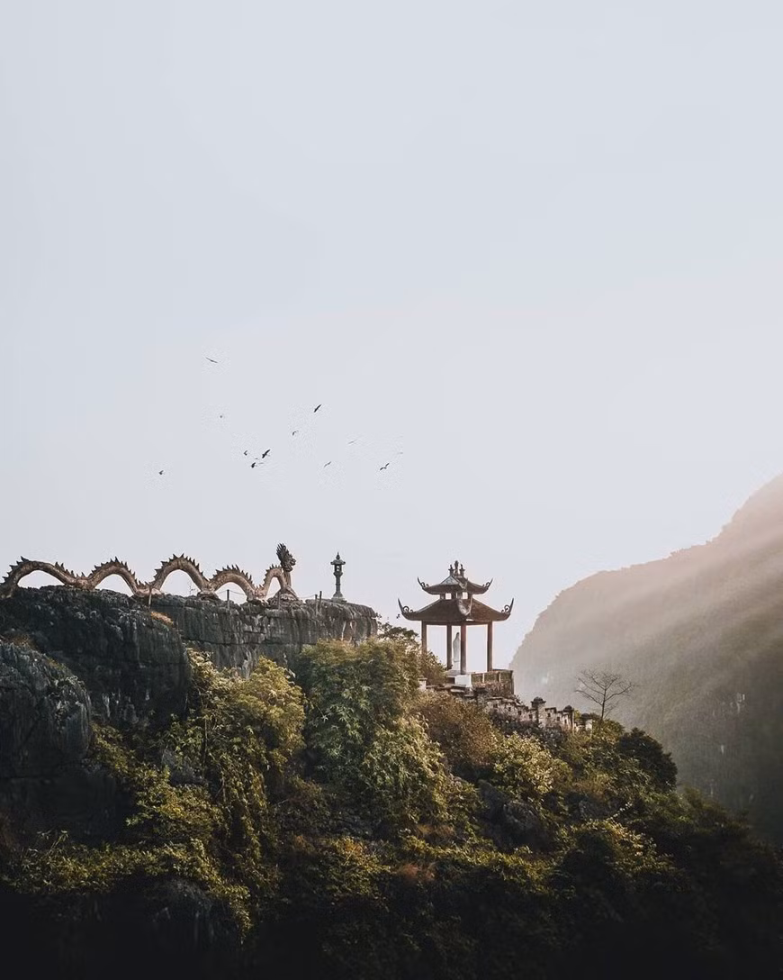 Hang Múa – ‘vạn lý trường thành phiên bản Việt’ với đỉnh núi Ngọa Long ôm trọn tầm nhìn vùng Tam Cốc, những bậc thang mô phỏng Vạn lý trường thành cổ kính, ngọn tháp sống ảo, vườn xương rồng khổng lồ, đảo đào hoa... tất cả tạo nên một khung cảnh đẹp hoàn mỹ nơi vùng đất cố đô. (Ảnh: CTV/Vietnam+)