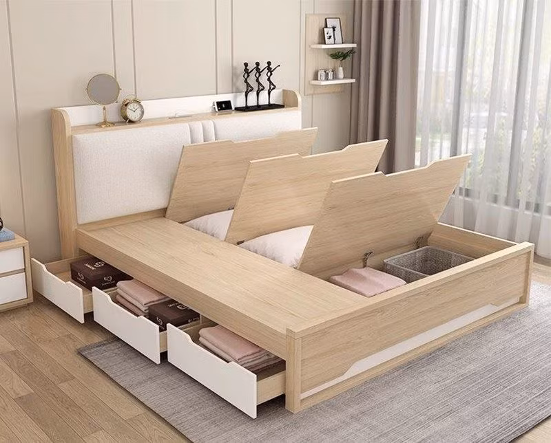 Giường thông minh gỗ công nghiệp có ngăn chứa đồ bên trong giường và hộc kéo bên hông. Đồ họa: Phương Duy