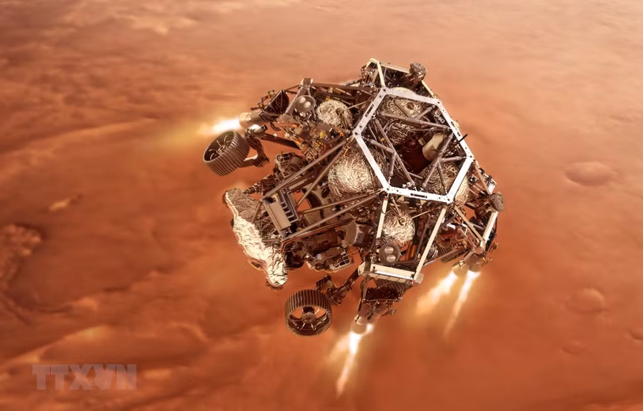 Hình ảnh mô phỏng tàu thăm dò Perseverance tiến gần tới bề mặt sao Hỏa. Ảnh do NASA cung cấp. (Nguồn: THX/TTXVN)