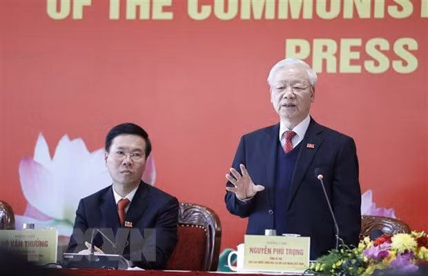 Đồng chí Nguyễn Phú Trọng, Tổng Bí thư Ban Chấp hành Trung ương Đảng khóa XIII, Chủ tịch nước CHXHCN Việt Nam chủ trì họp báo. (Ảnh: TTXVN)