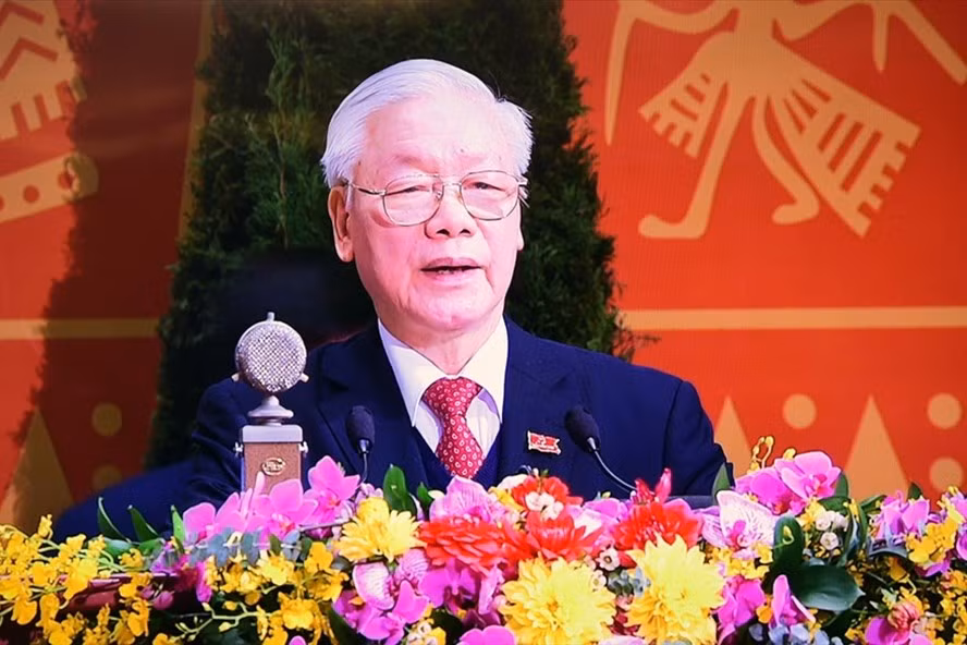 Tổng Bí thư, Chủ tịch nước Nguyễn Phú Trọng phát biểu ra mắt Ban Chấp hành Trung ương khóa XIII. Ảnh Ngọc Thành