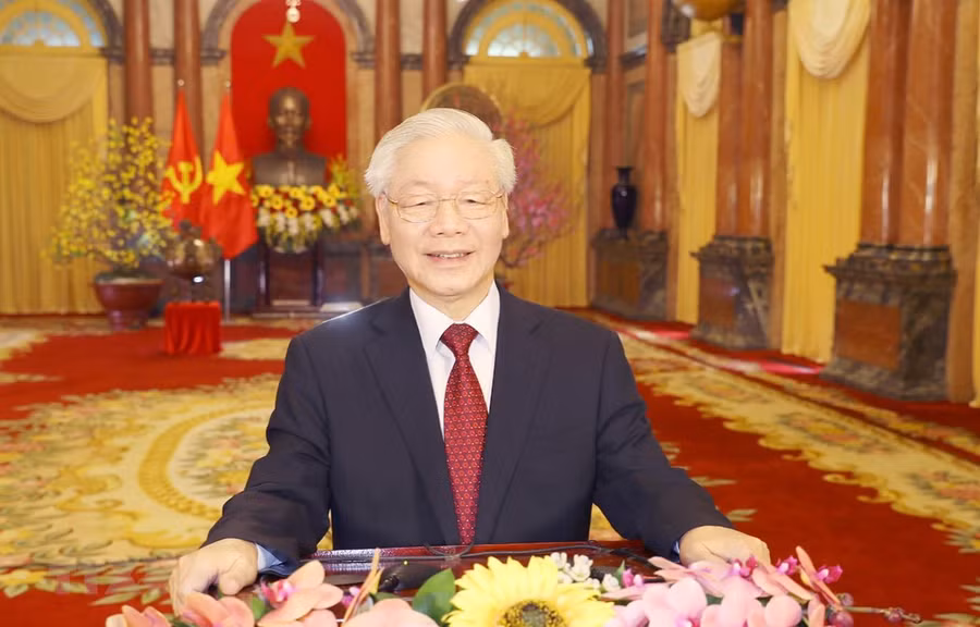  Tổng Bí thư, Chủ tịch nước Nguyễn Phú Trọng chúc tết đồng bào, đồng chí và chiến sĩ cả nước, cộng đồng người Việt Nam ở nước ngoài. (Ảnh: Trí Dũng/TTXVN)