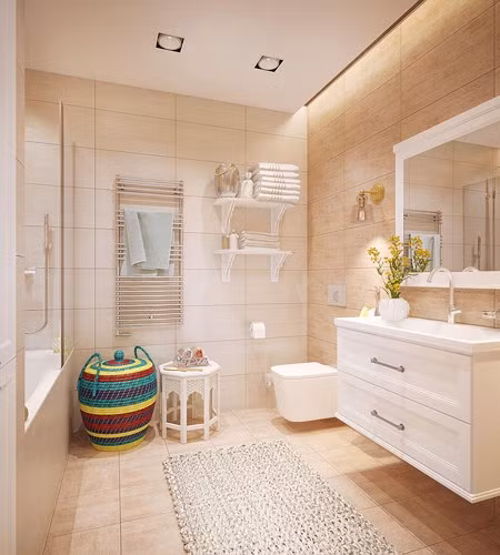  Thiết kế phòng tắm mang âm hưởng của thiết kế vùng Trung Đông nhưng vẫn không quá tách biệt so với kiến trúc chung của toàn bộ ngôi nhà.