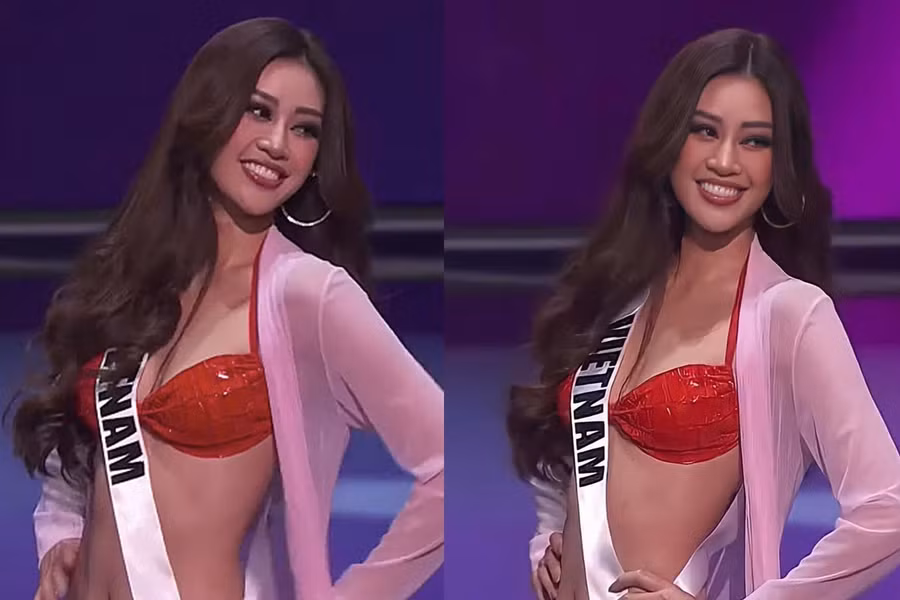 Khánh Vân giữ nụ cười rạng rỡ khi trình diễn. Nhiều người đẹp như Vũ Thu Phương, H'Hen Niê... đánh giá đây là thế mạnh của đại diện Việt Nam tại cuộc thi. ẢNH: CHỤP MÀN HÌNH