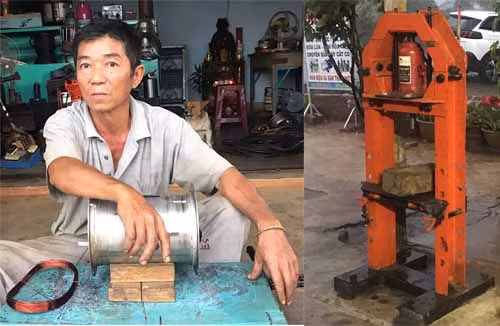 Đối tượng Huỳnh Anh Hồng và tang vật là máy ép thủy lực được độ chế từ những thanh sắt lấy trộm tại các trụ điện. Ảnh: Hữu Trường