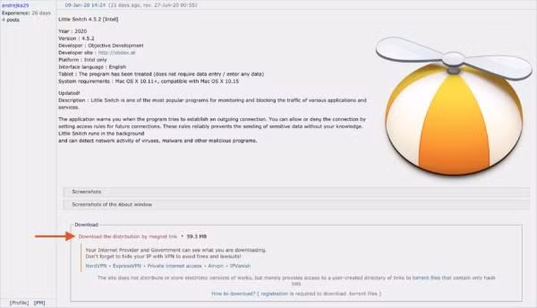 Link bộ cài chứa mã độc được đăng trên RUTracker – một mạng lưới chia sẻ torrent của Nga.