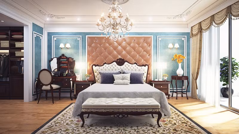 Kết hợp với đồ nội thất cổ điển trong phòng là một tấm thảm dệt bằng tay cho thấy sự đầu tư tỉ mỉ của chủ nhà đối với nơi nghỉ ngơi.