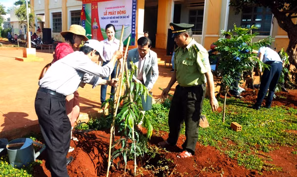 Các đồng chí lãnh đạo huyện Chư Pưh tham gia trồng cây. Ảnh: Anh Thư 