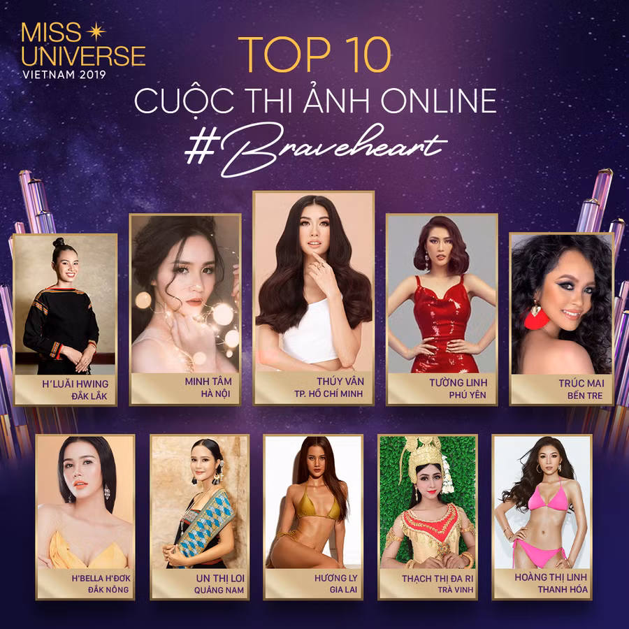 Top 10 người đẹp có lượt bình chọn từ khán giả cao nhất. Ảnh: MUVN. Top 10 người đẹp có lượt bình chọn từ khán giả cao nhất. Ảnh: MUVN.