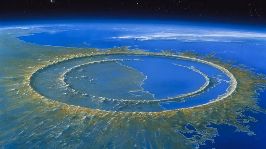 Bản vẽ mô phỏng sự hình thành của hố Chicxulub sau khi thiên thạch va chạm với bề mặt Trái Đất, ngoài khơi bán đảo Yucatan của Mexico. Ảnh: AAAS.